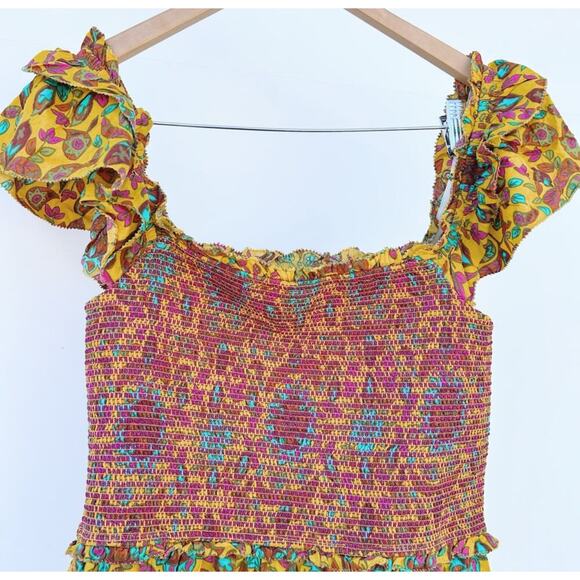 House Of Harlow‎ 1960 Set Maxi Skirt Smocked Tiered Ruffles Yellow Tropical - Picture 3 of 10